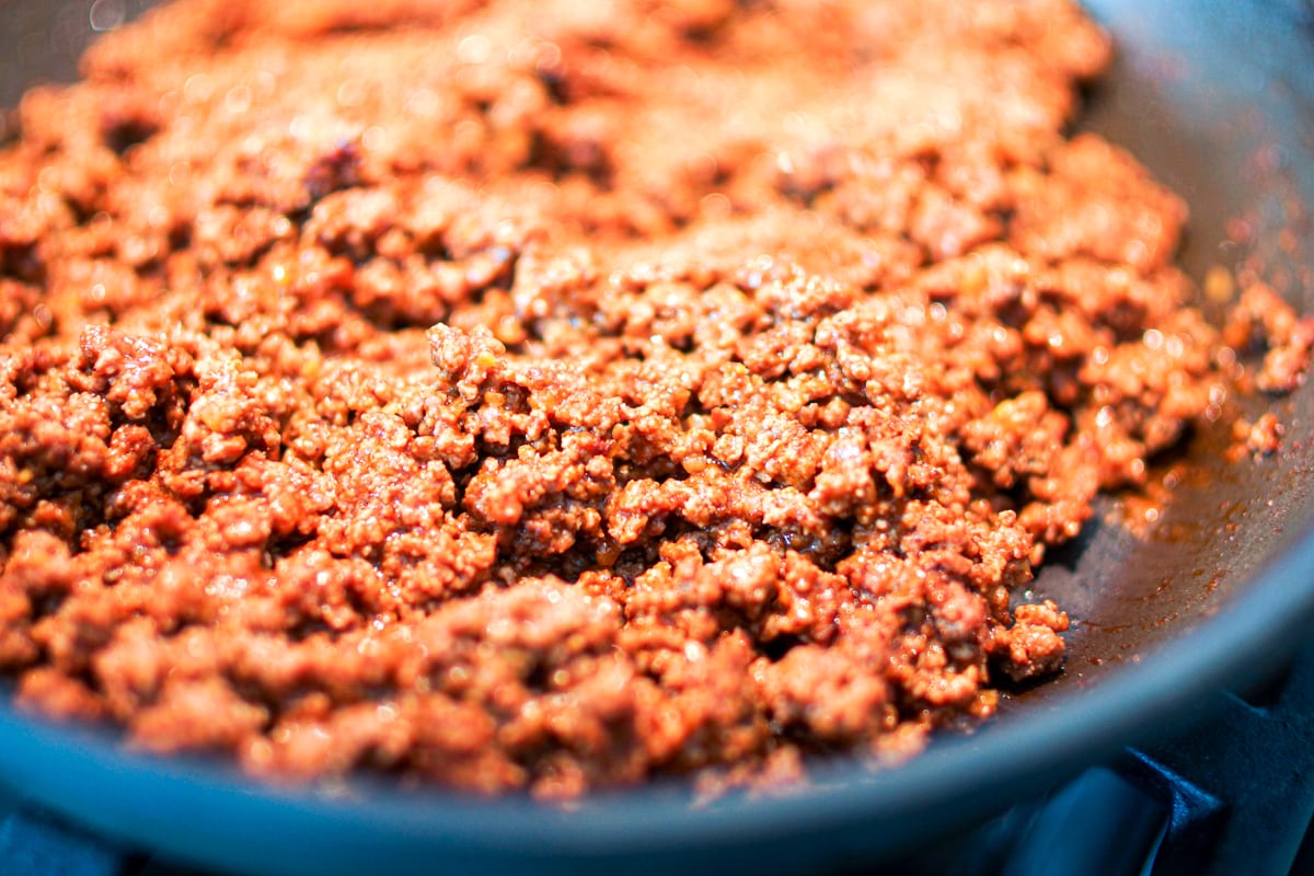 Seasoned ground bison taco meat in a pan.