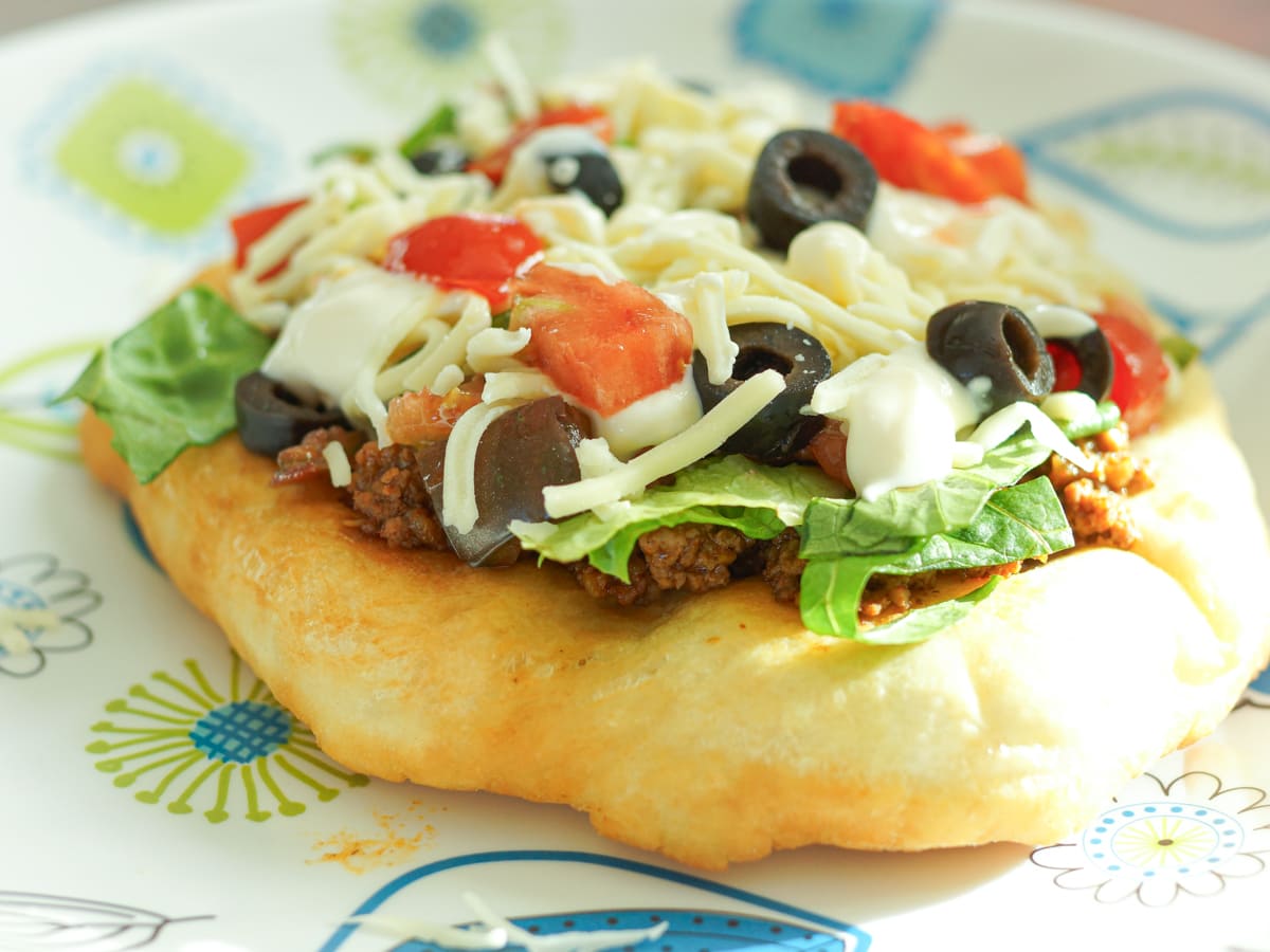 Indian fry bread taco with ground bison.