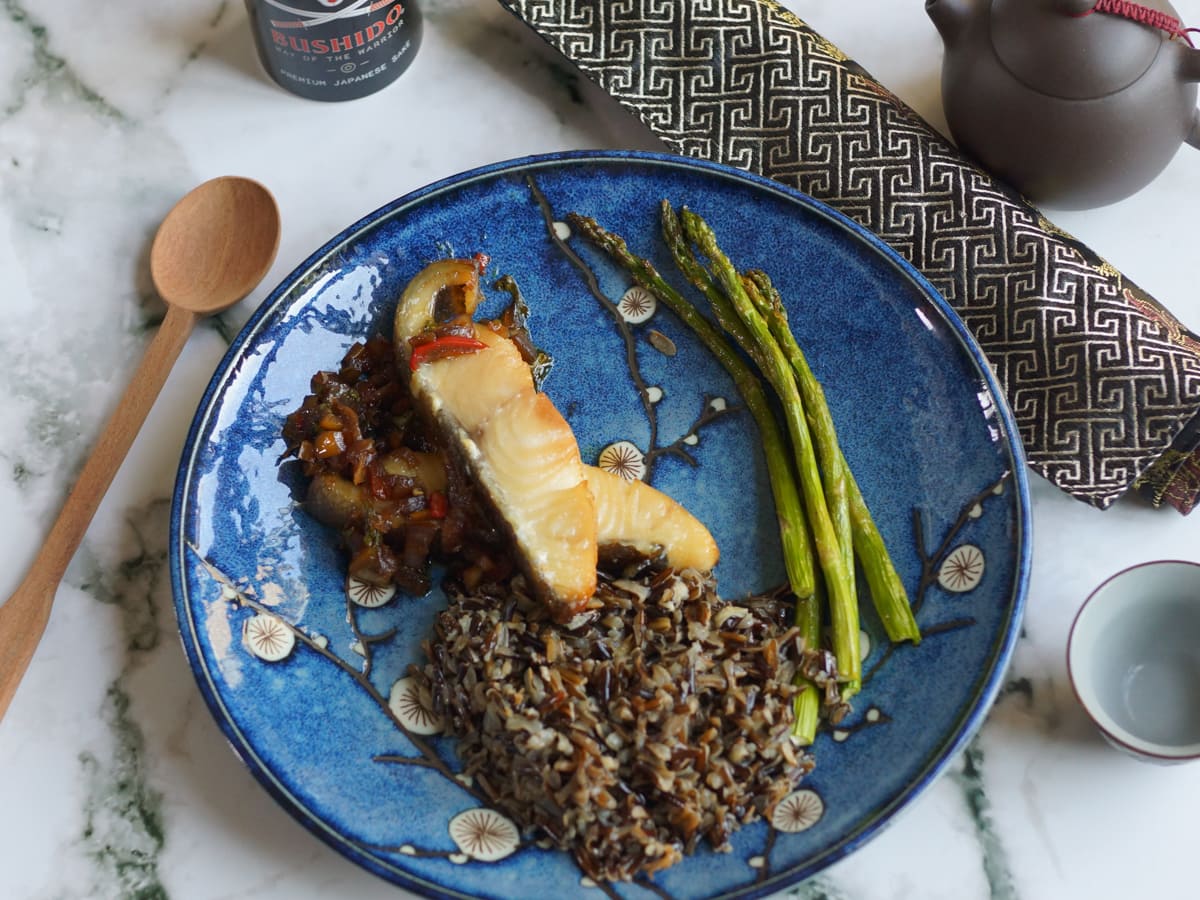 Mama's Fish House inspired Miso butterfish with wild rice and asparagus.