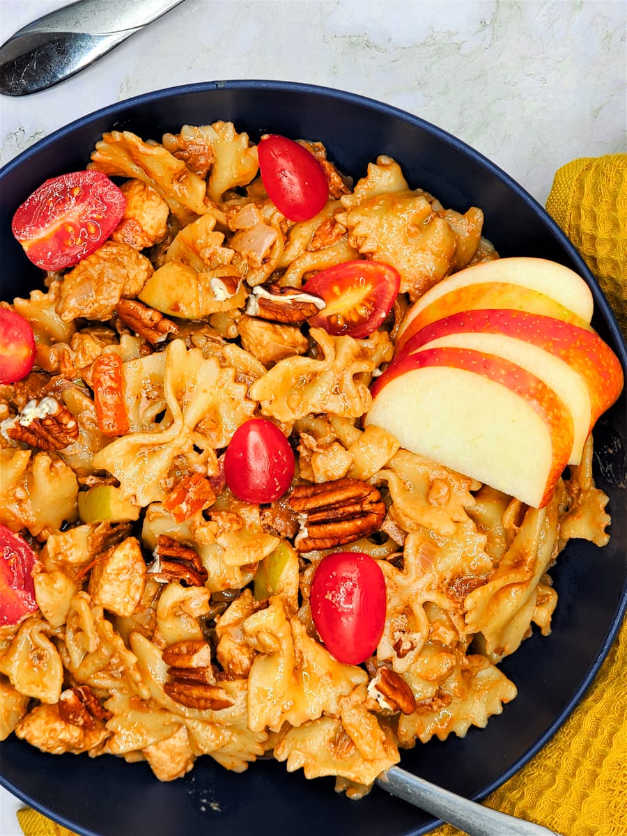 Chicken Bowtie Pasta with a balsamic mascarpone sauce, apples, pecans, and prosciutto.