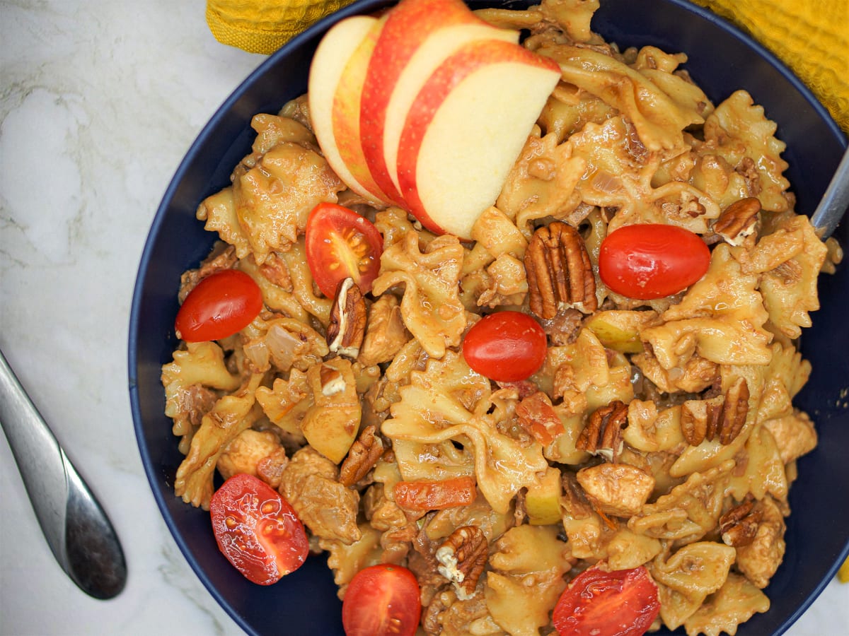 Bowtie Chicken pasta with a balsamic mascarpone sauce, apples, pecans, and prosciutto.