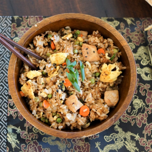 Bowl of Blackstone chicken fried rice.