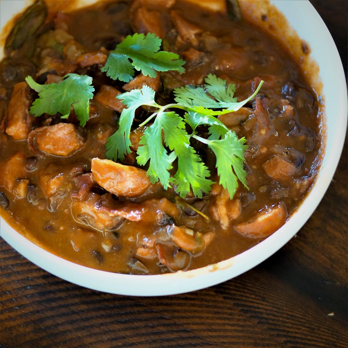 Bowl of Brazilian meat and black bean stew topped with cilantro.