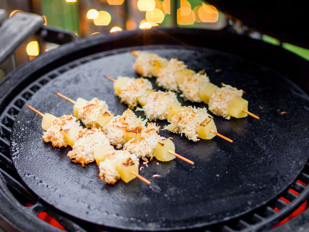 Pina colada shrimp skewers on a Big Green Egg with a Cooking Steel griddle.