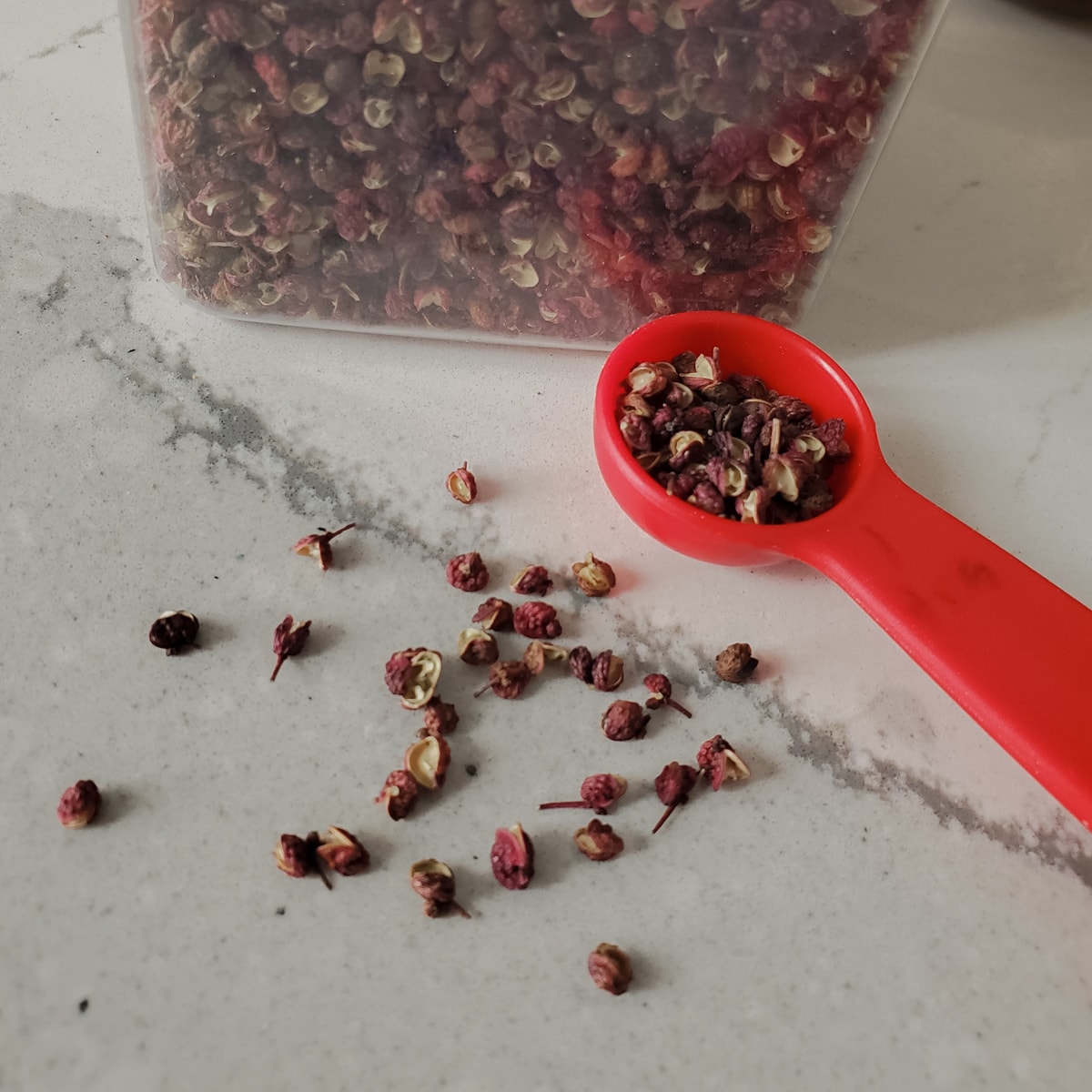 Measuring spoon with Szechuan peppercorns.