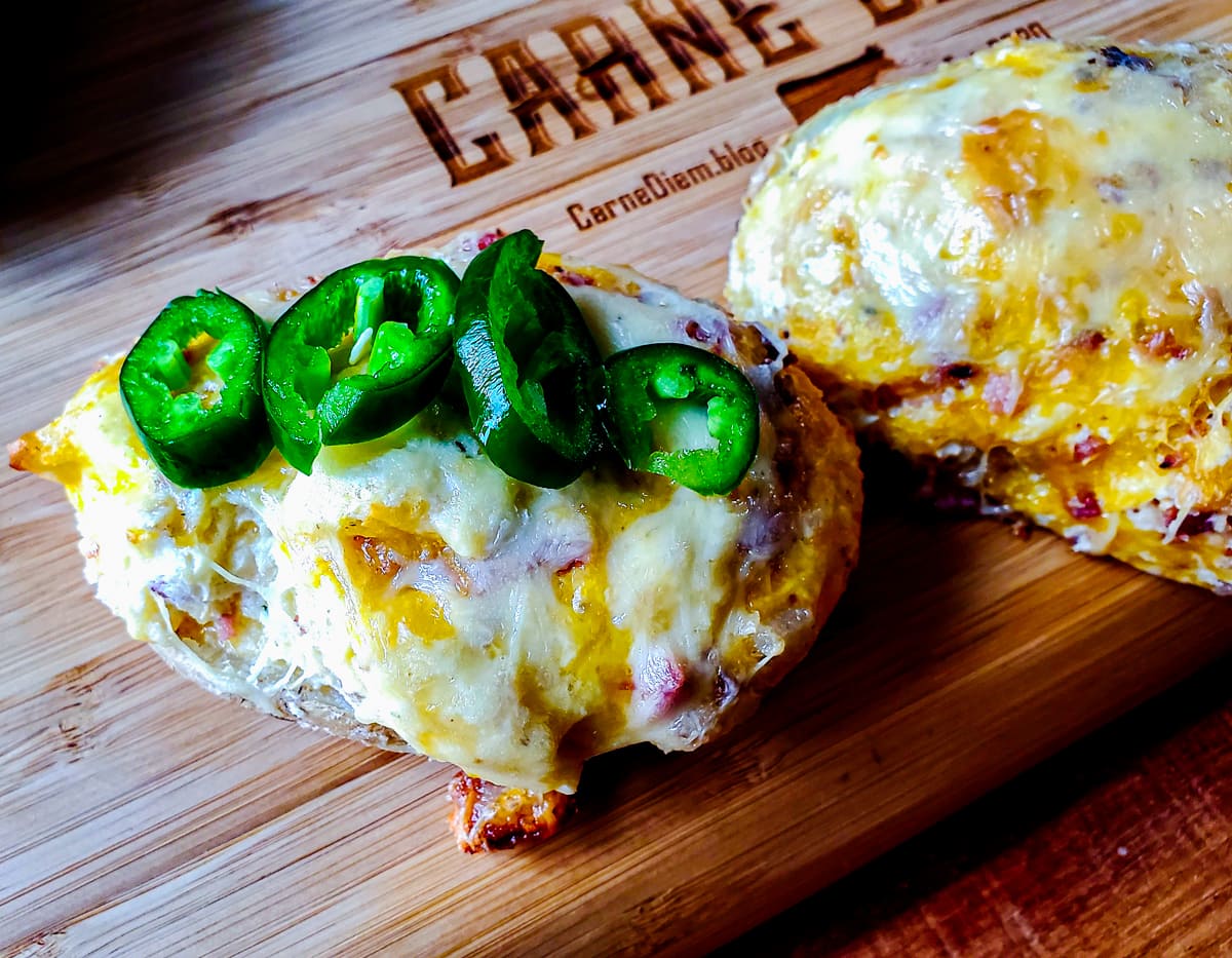 Jalapeno Twice Baked potatoes topped with sliced jalapenos.