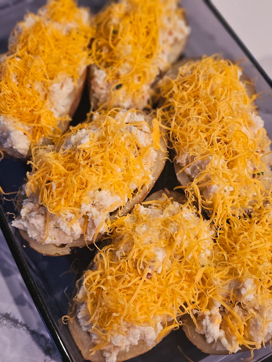 Cheese topped jalapeno twice baked potatoes.