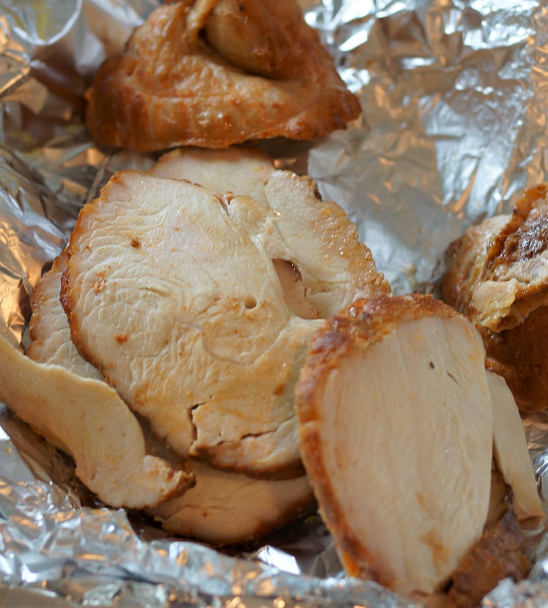 Slices of roasted turkey breast.