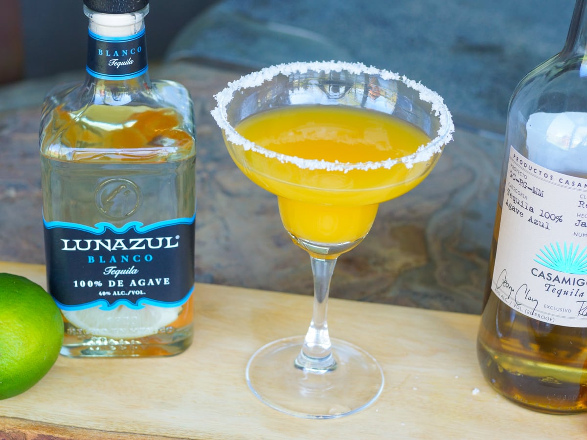 Mango Habanero Margarita with a salted rim.  Made with habanero infused tequila.