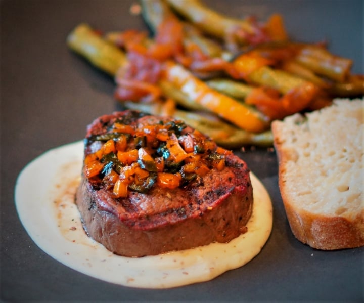Filet Mignon with Goat Cheese Sauce and Grand Marnier Sautéed Peppers