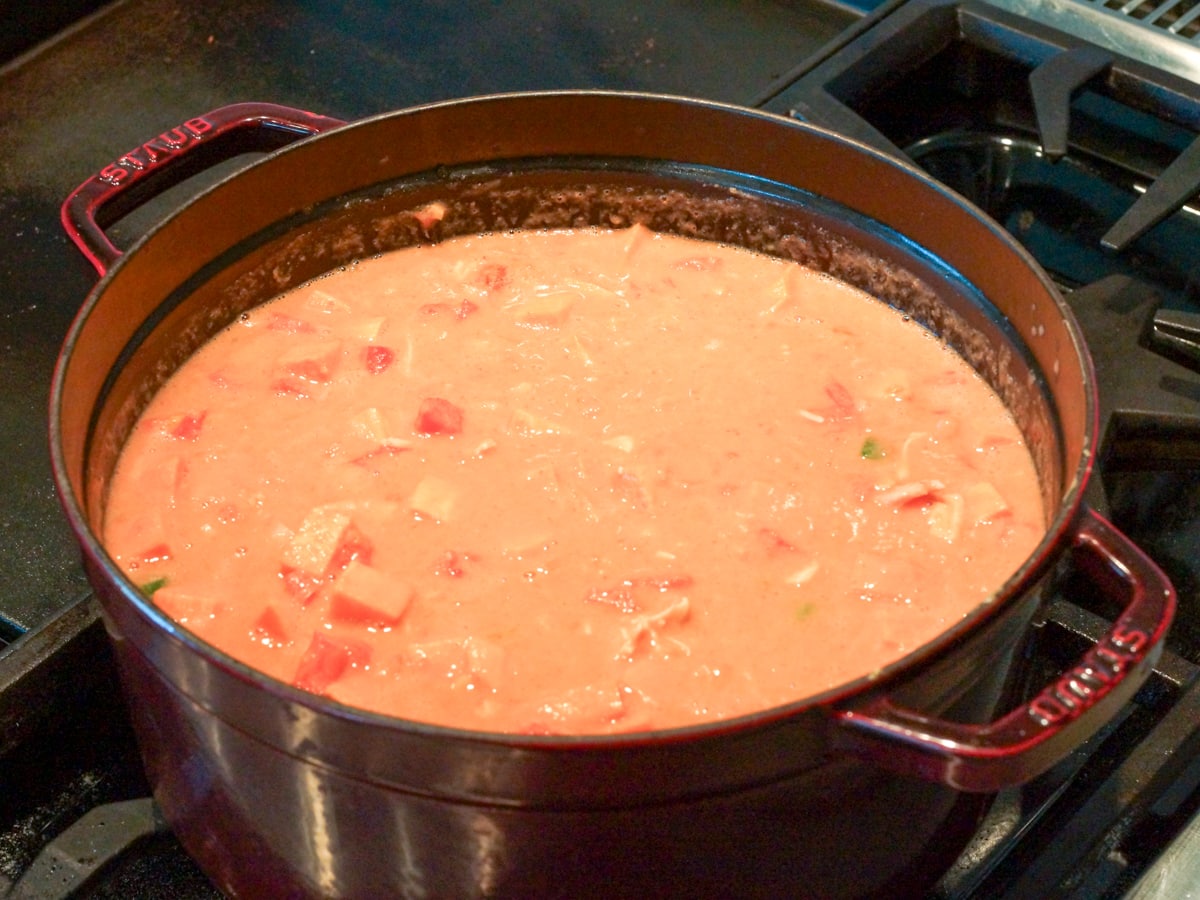 Dutch oven full of African peanut soup.