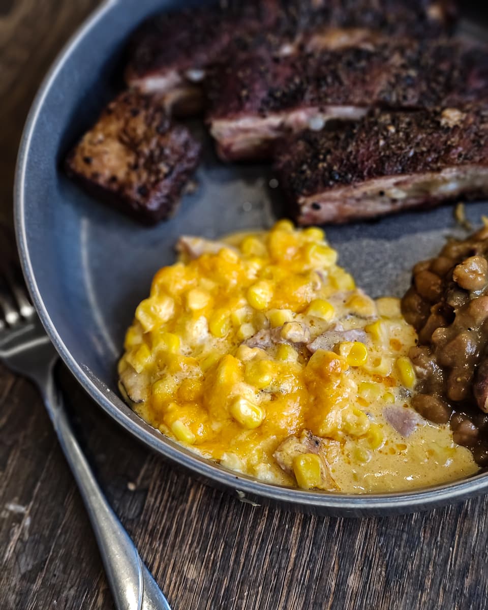 Jack Stack BBQ inspired cheesy corn served with ribs and burnt ends.