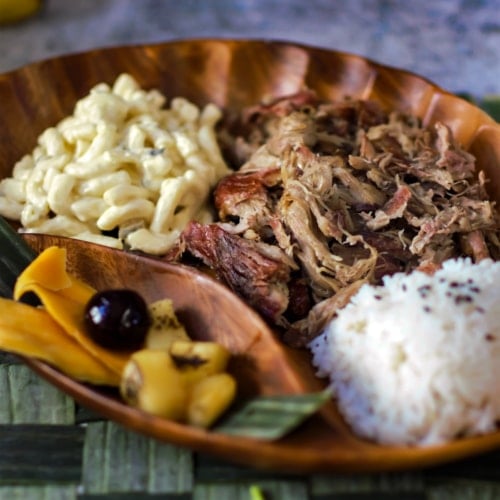 Hawaiian mixed plate with homemade kalua pork.