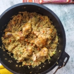 Dutch oven Trinidad style chicken pelau.