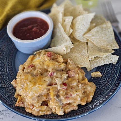 Smoked King Ranch Chicken served with tortilla chips and salsa.