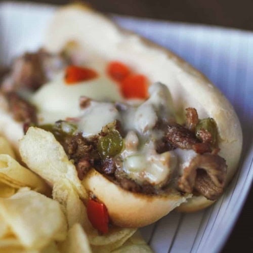 Smoked cheesesteak sandwich.