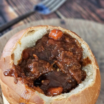 German style beef goulash served in a bread bowl.