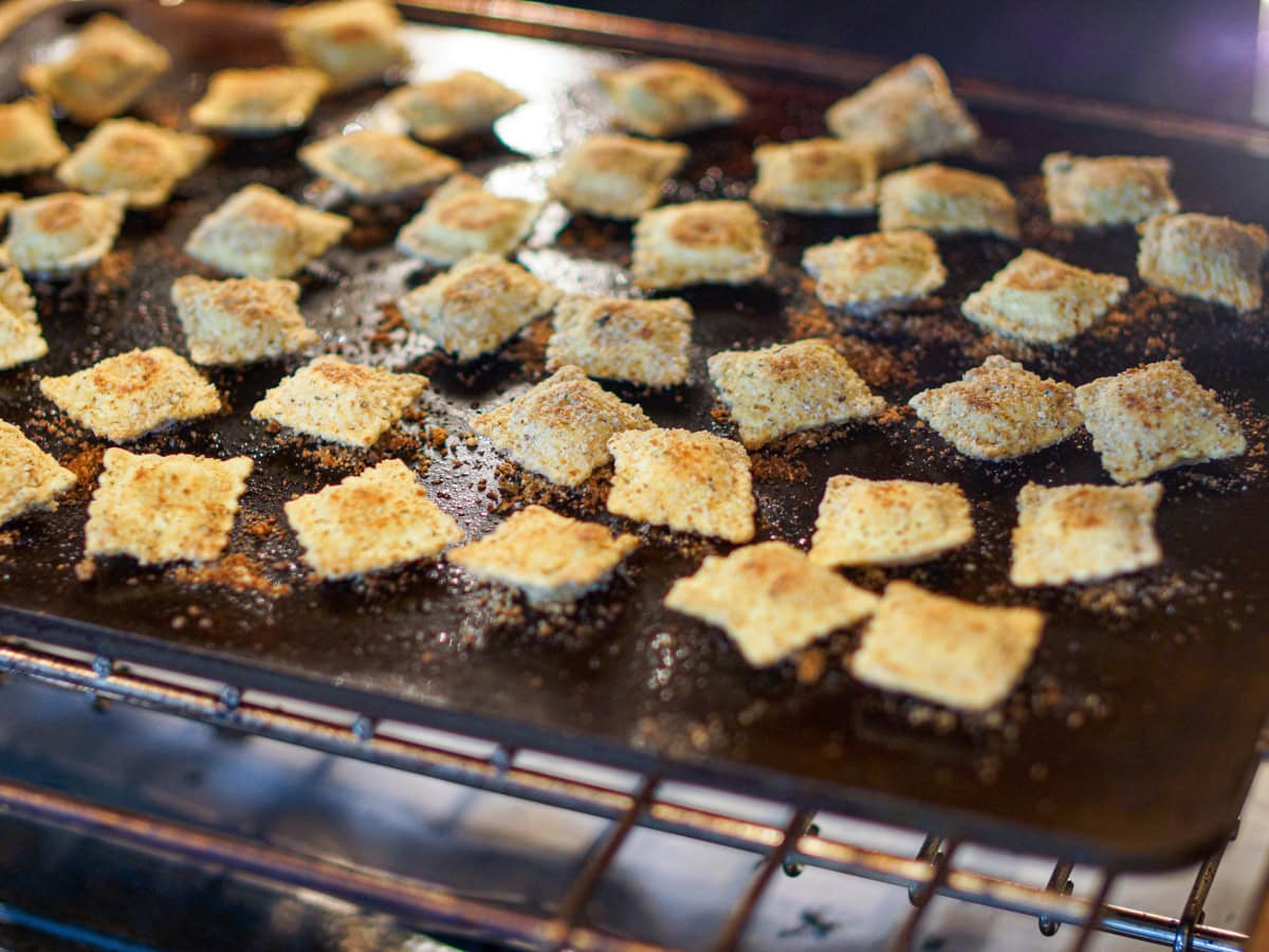 Making toasted ravioli on a Cooking Steel in the oven.