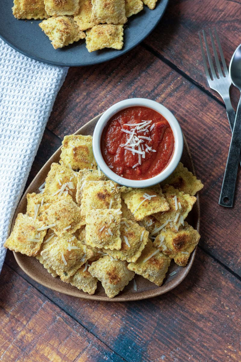 Blackstone toasted ravioli served with marinara sauce.