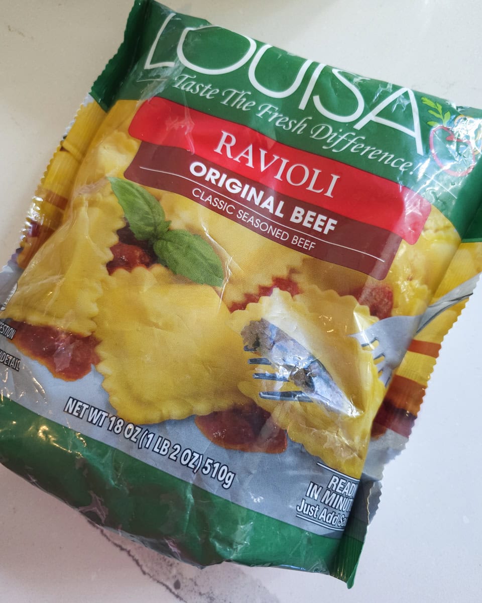 Package of frozen beef ravioli.