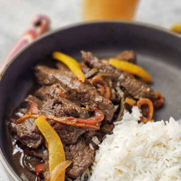 Spicy Jamaican Pepper Beef, served with coconut rice.