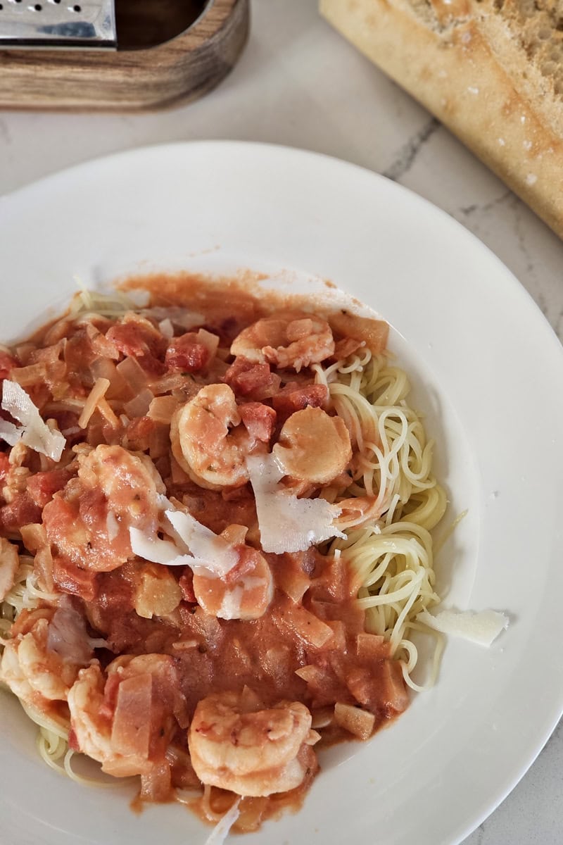 Bowl of homemade seafood Portofino pasta.