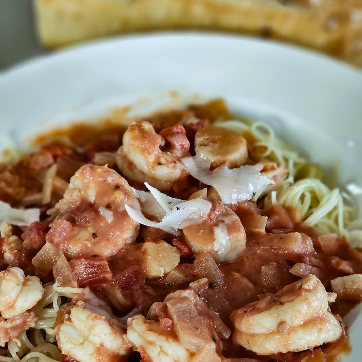 Bowl of homemade seafood Portfino with shrimp and scallops.