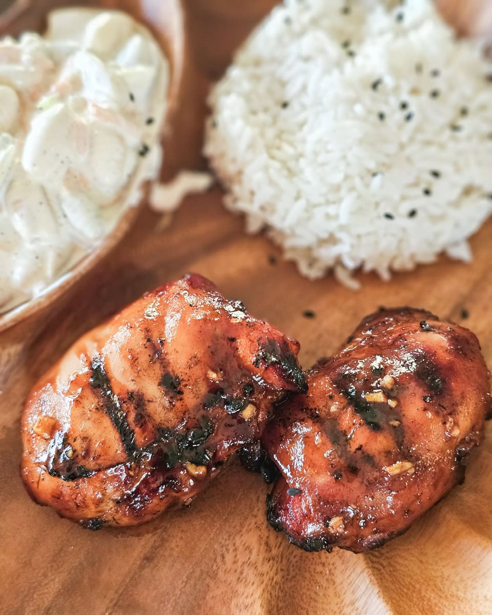 Grilled Huli Huli chicken thighs served with rice and macaroni salad.