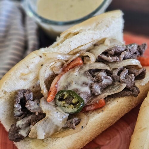 Mexican style cheesesteak with carne asada and queso.