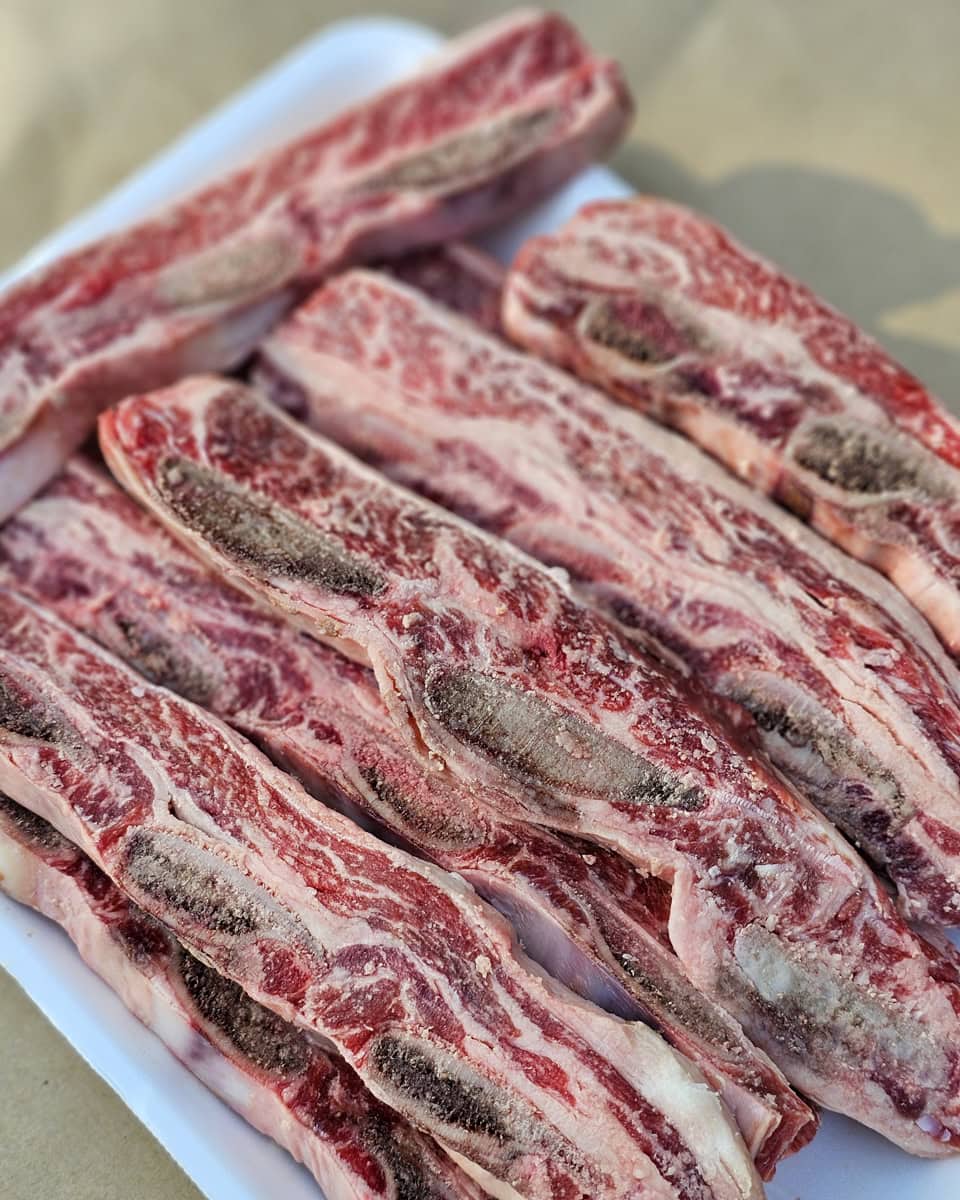 Package of flanken cut beef short ribs.