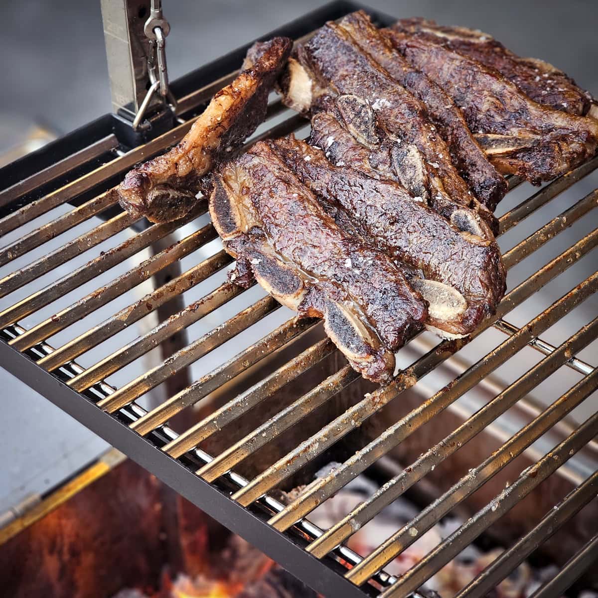Cooking Argentinian style beef ribs on a Santa Maria grill.