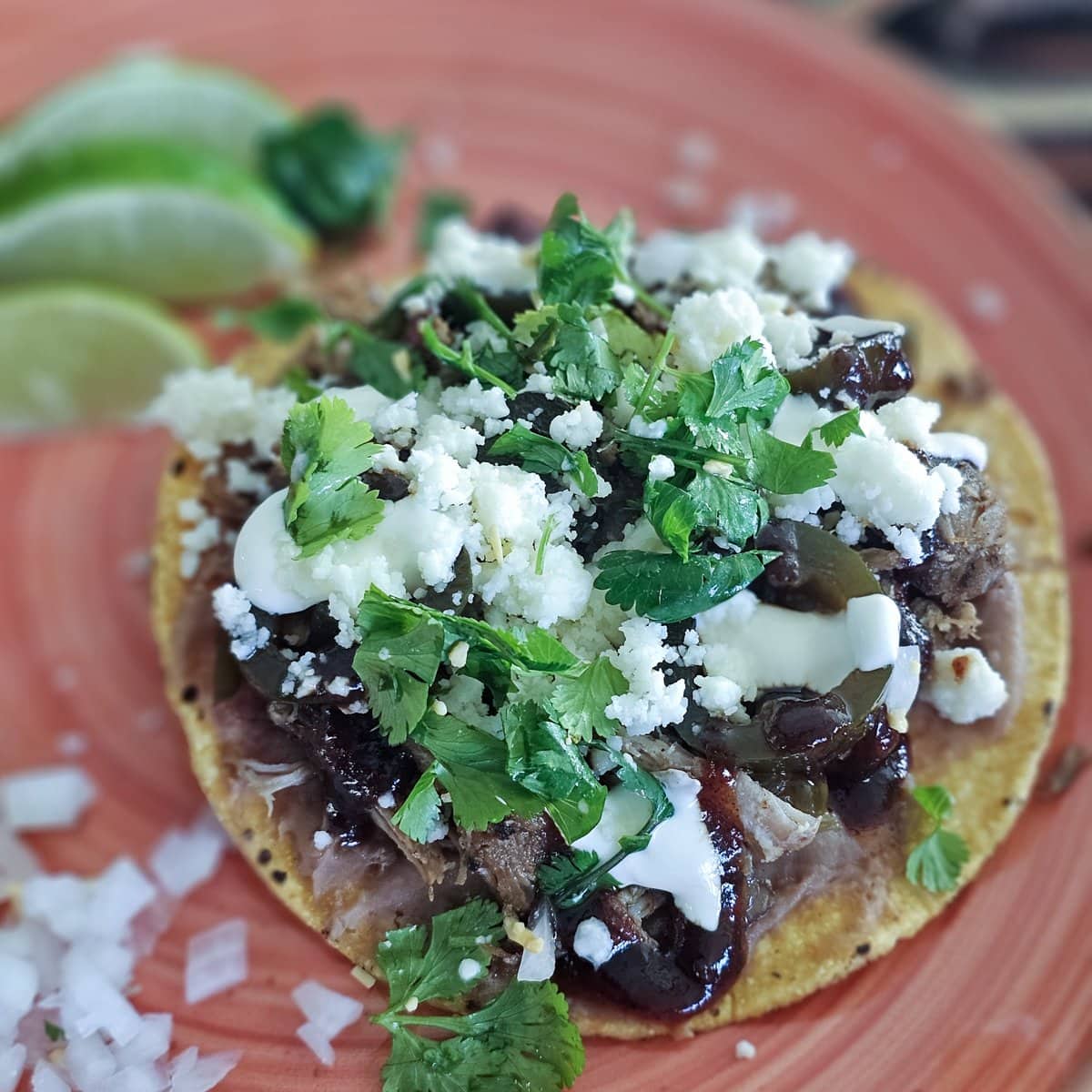 Barbeque smoked pork tostadas.