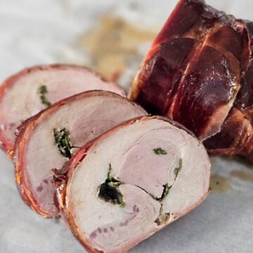 Smoked pork loin stuffed with sage butter and wrapped in prosciutto.