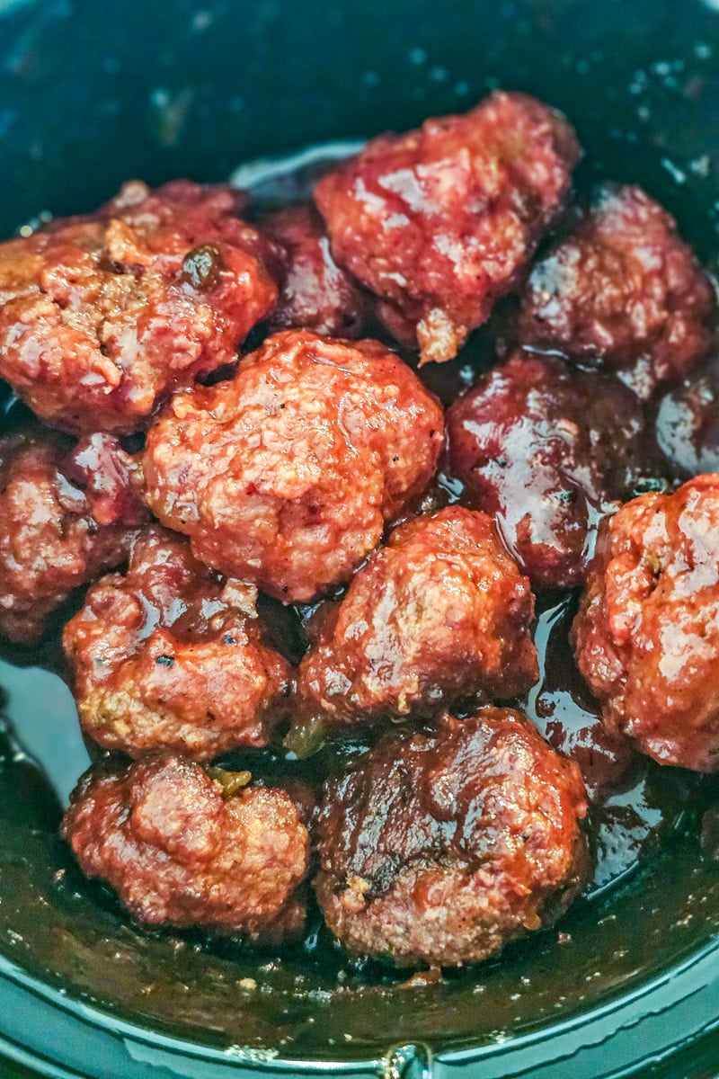 Wagyu meatballs in a bacon-jalapeno glaze in a crock pot.