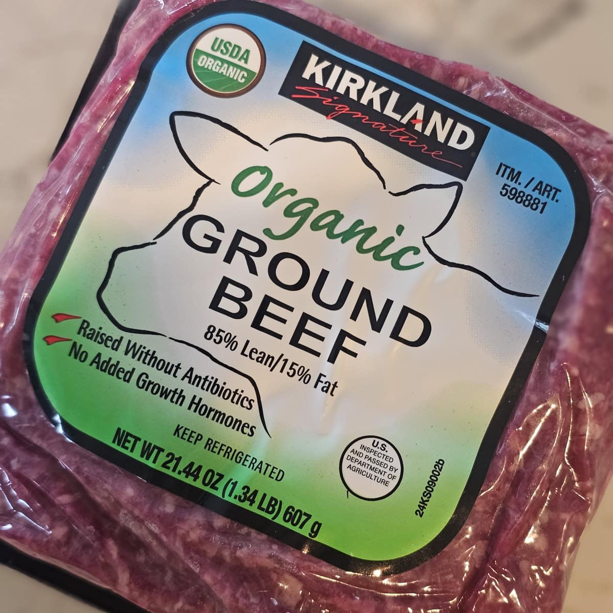Package of organic ground beef.