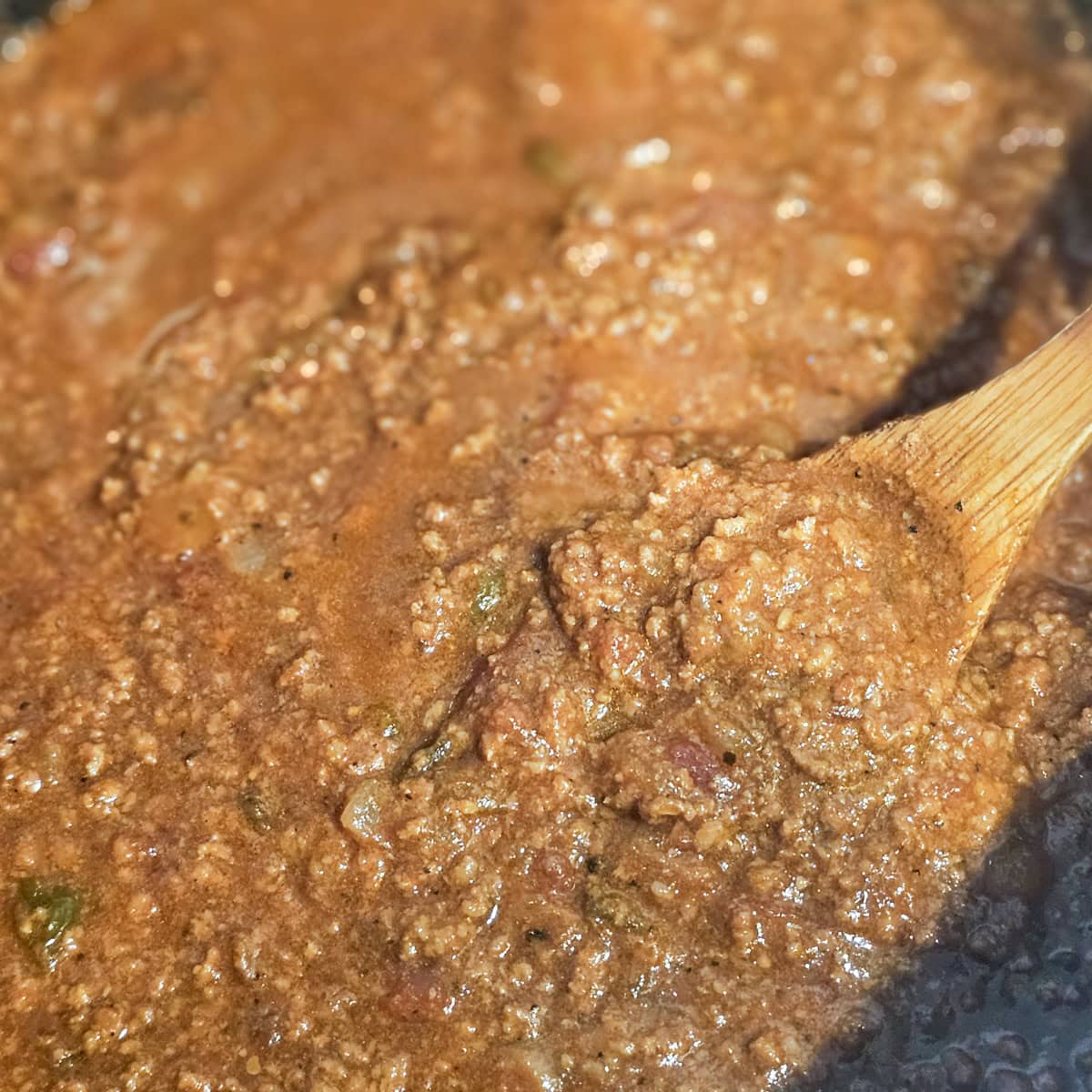 Pan of simmered West Virginia style hot dog chili sauce.