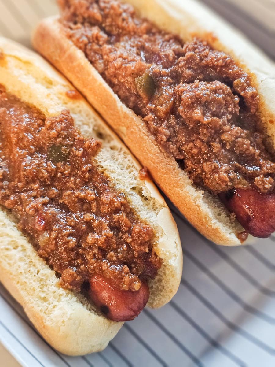 Hot dog topped with West Virginia style Hot Dog Chili.