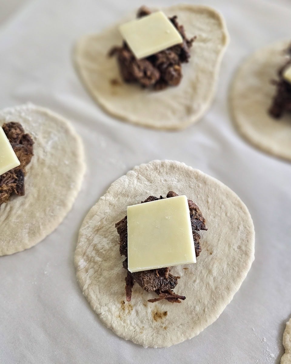Slices of cheese added to BBQ brisket kolaches.