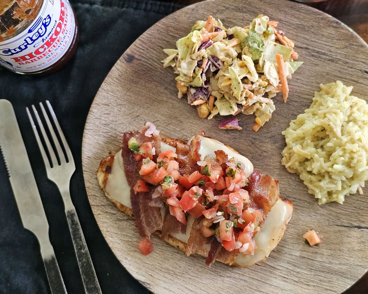 Dinner is served with Chili's inspired Monterey chicken, rice, and a salad.