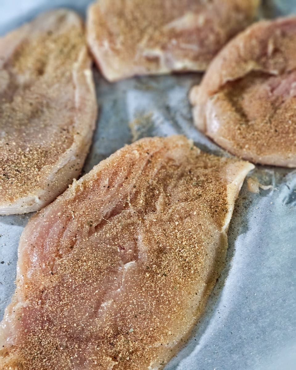 2 boneless. seasoned chicken breasts.