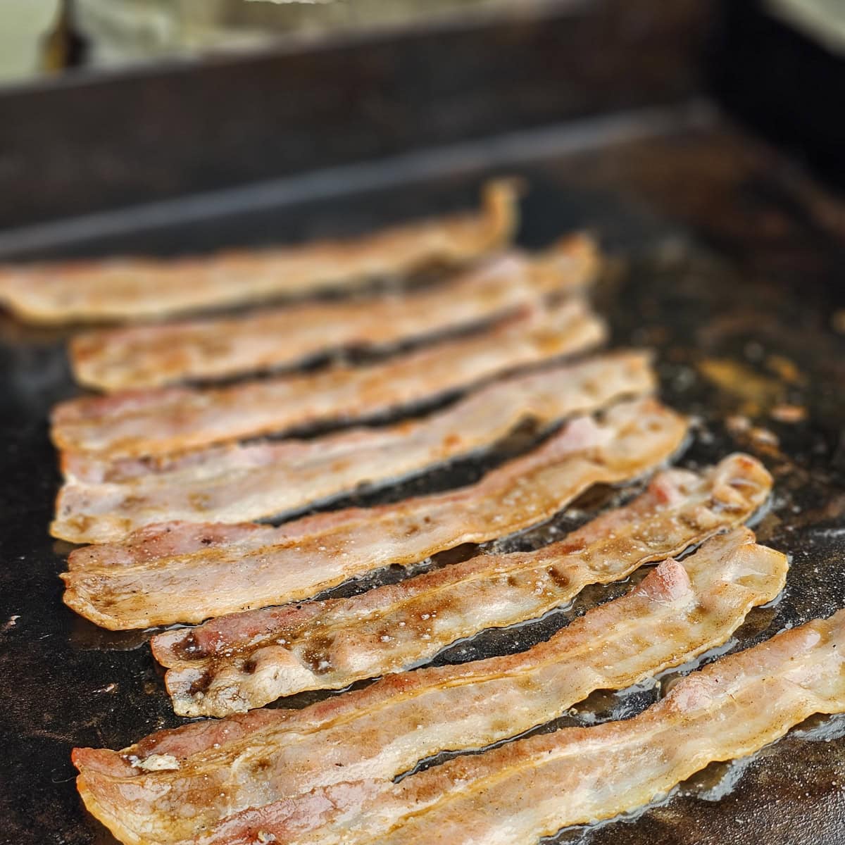 Slices of bacon cooking on a Blackstone griddle.