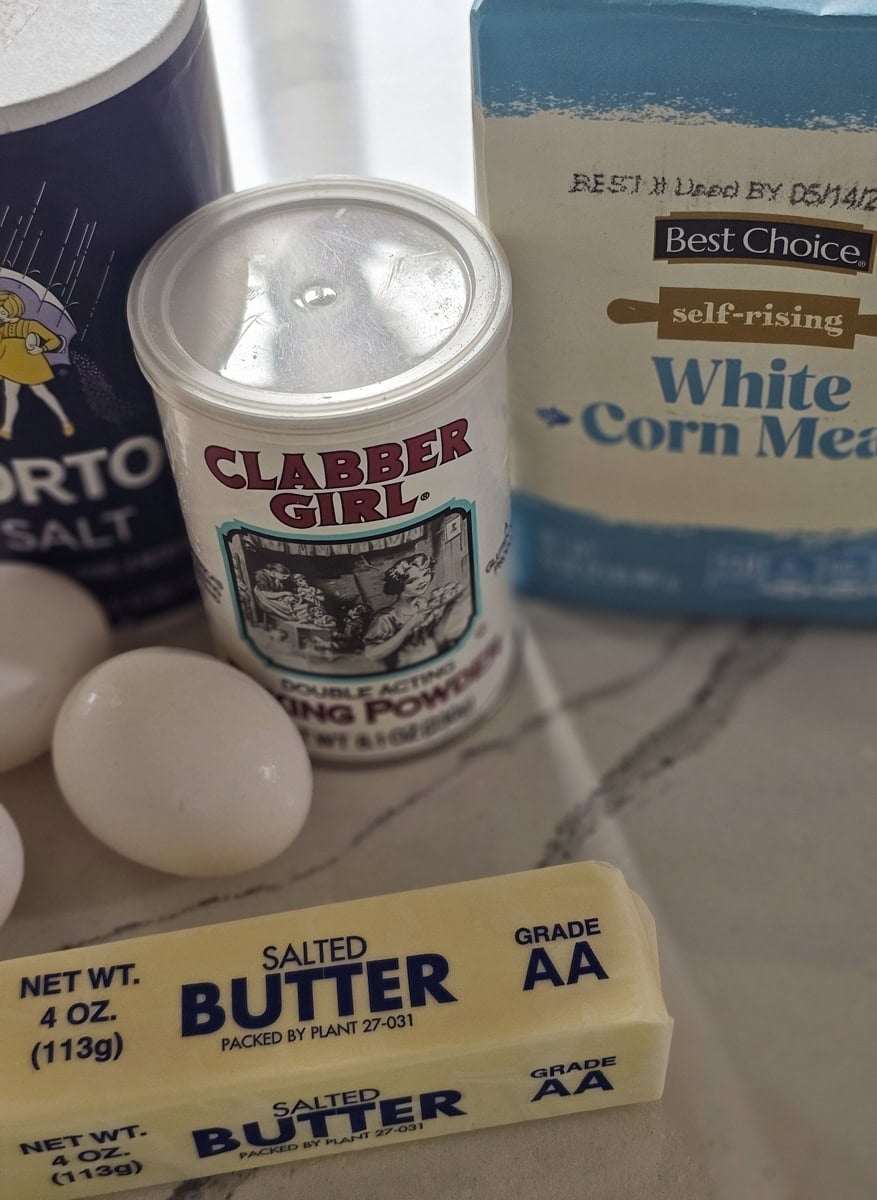 Baking powder, white corn meal, salt and eggs